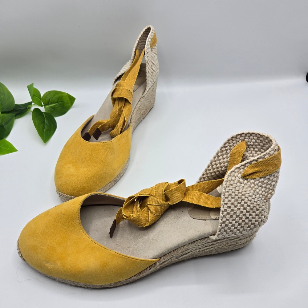Boden Espadrille Wedge Sandals Yellow Suede Ankle Tie MADE IN Spain WMS 10.5
